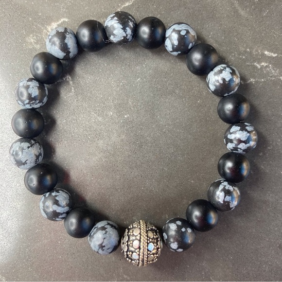 💰 𝕊 𝕠 𝕝 𝕕 💰 Onyx & Snowflake Obsidian Gemstone Stacking Stretchy Bracelet - Picture 8 of 12